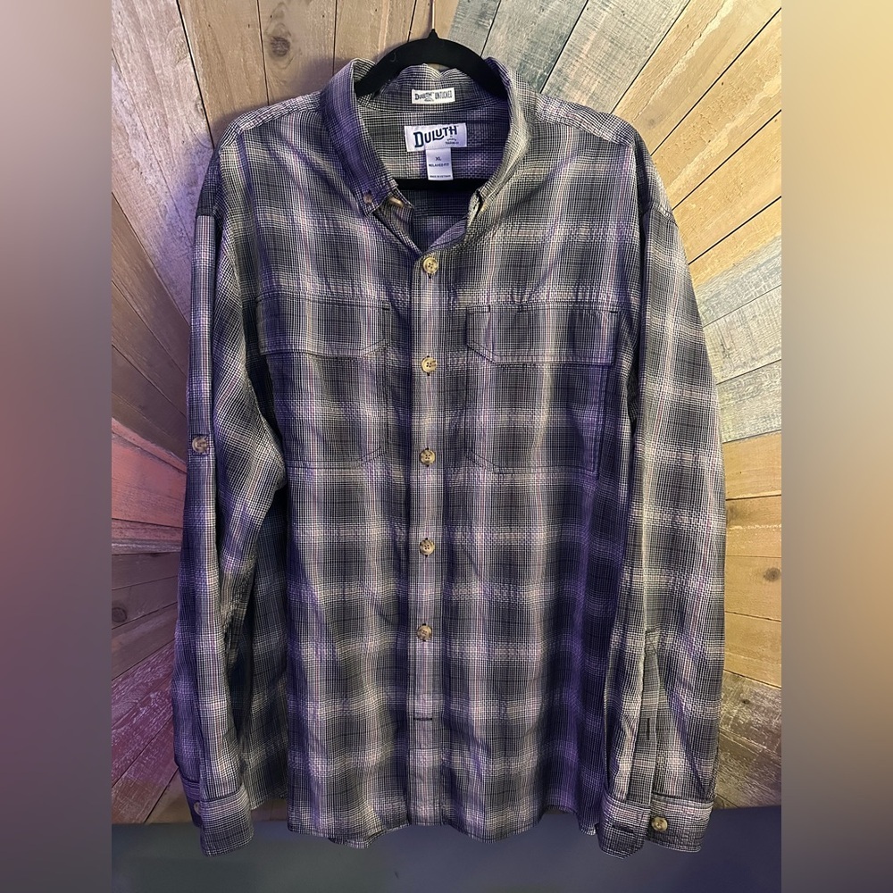 Duluth Trading Co Men's Casual Plaid Shirt - Black and Gray